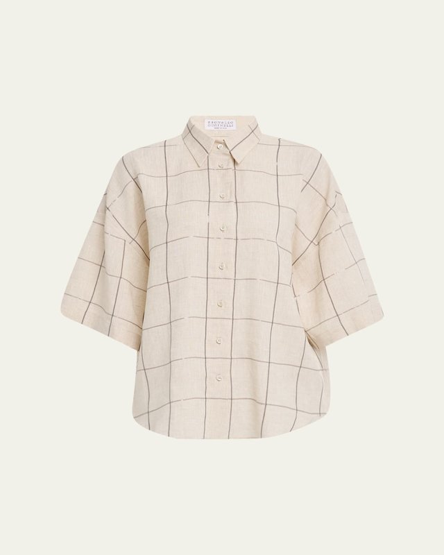 Paillette Check Light Linen Button-Down Shirt